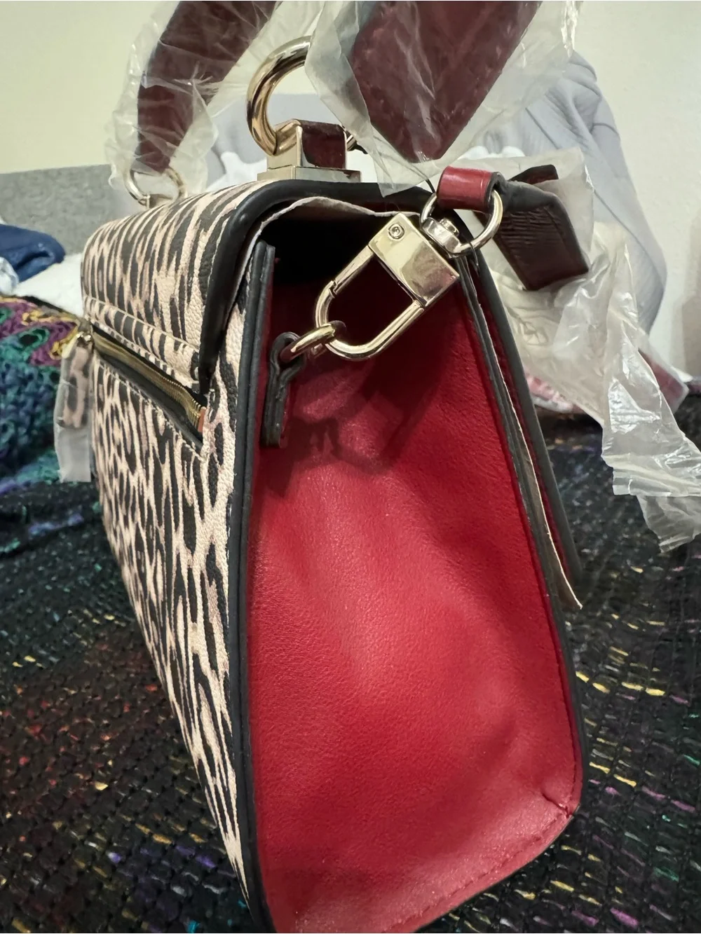 GUESS Red Croco-Embossed Shoulder Bag with Leopard Print Flap